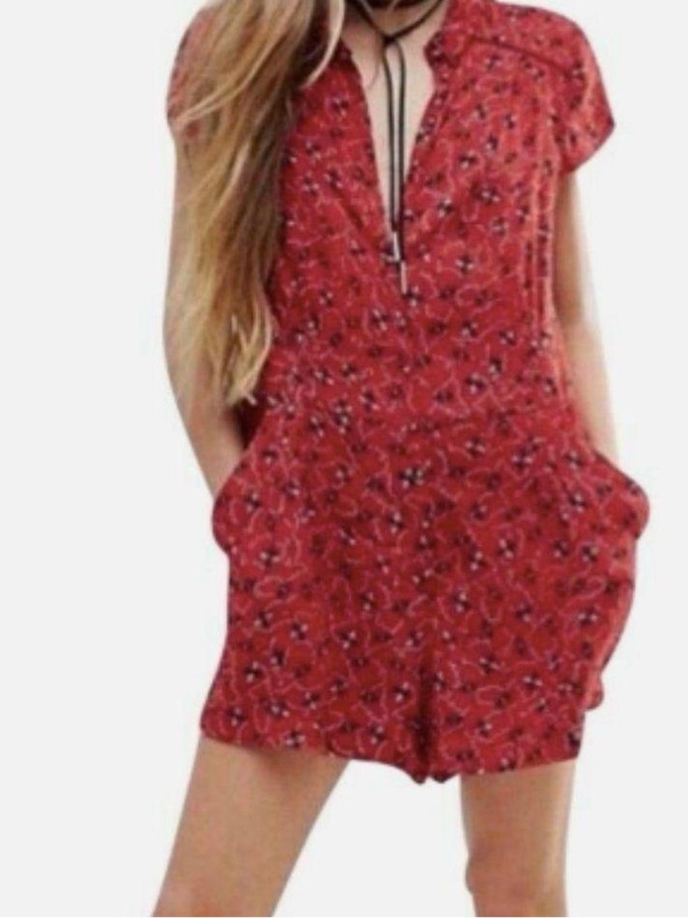 Free People Debby Dot Romper Red Floral Short Sleeve Button Front - Size M EUC